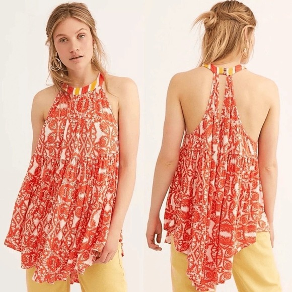 New Free People Mimi Halter Tunic Top Orange Floral Women Small Lavender Combo S - Picture 6 of 14